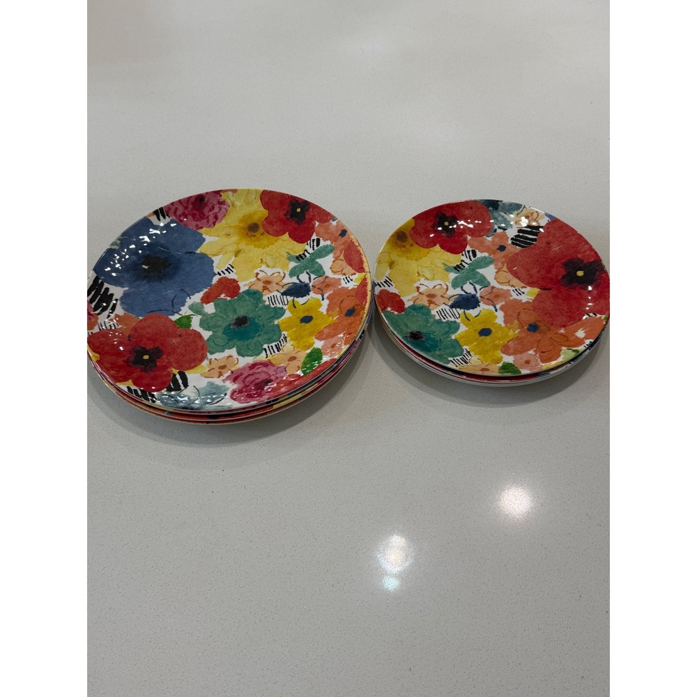 TarHong 8pc Melamine Floral Plate Set Hammered Texture Dinner & Salad Multicolor